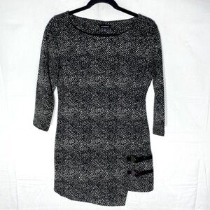 Le Chateau Black White Asymmetrical 3/4 Sleeve Boat Neck Mini Dress Tunic Top S